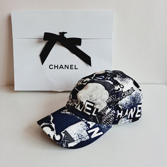 New Chanel 100% Cotton Coco Roses Print Cap Hat Navy Black White main image 14